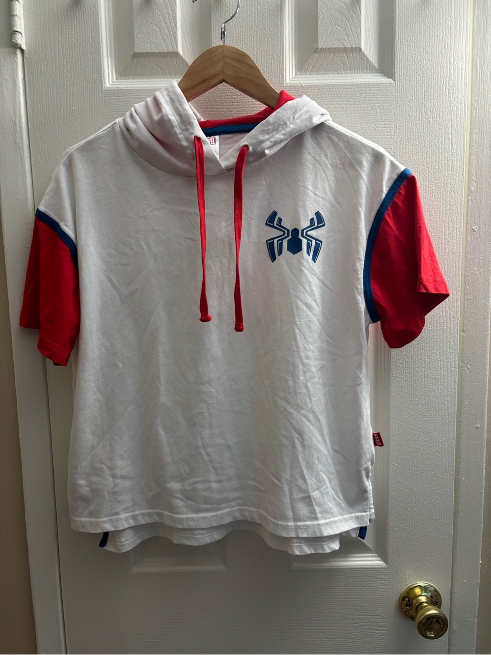 Marvel White Hooded Short-Sleeve Top with Red Sleeves and Blue Logo